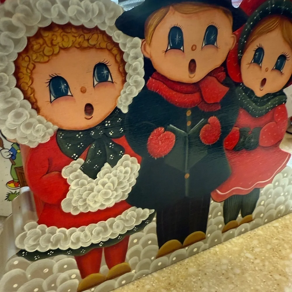 Vintage Hand Painted Wooden Holiday Christmas Carolers Decor and Set Ice Skaters